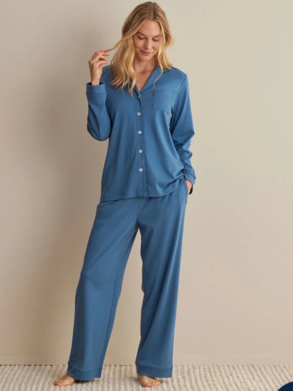 The Company Store Pima Cotton Button-Down Pajama Set Blue Sz L